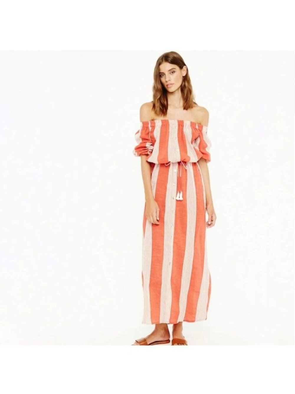 Faithfull The Brand Sun Striped Gauzy Cotton Off Shoulder Orange Maxi Dress 2